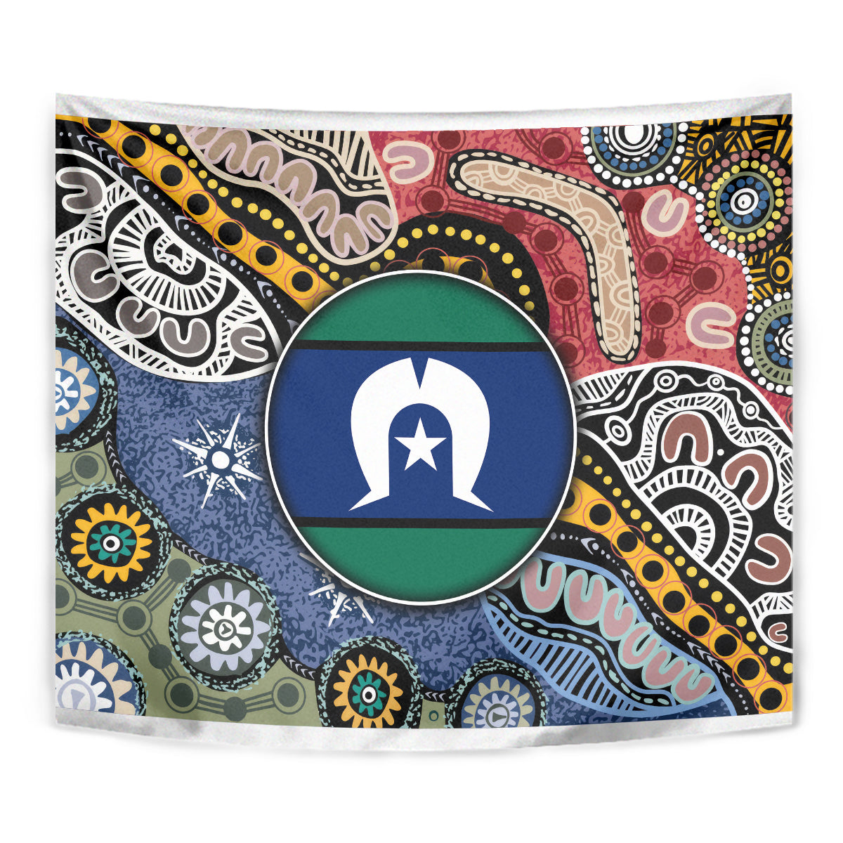 Rectangular multicolor Aboriginal pattern tapestry with close central circular emblem and detailed motifs