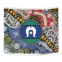 Rectangular multicolor Aboriginal pattern tapestry with close central circular emblem and detailed motifs