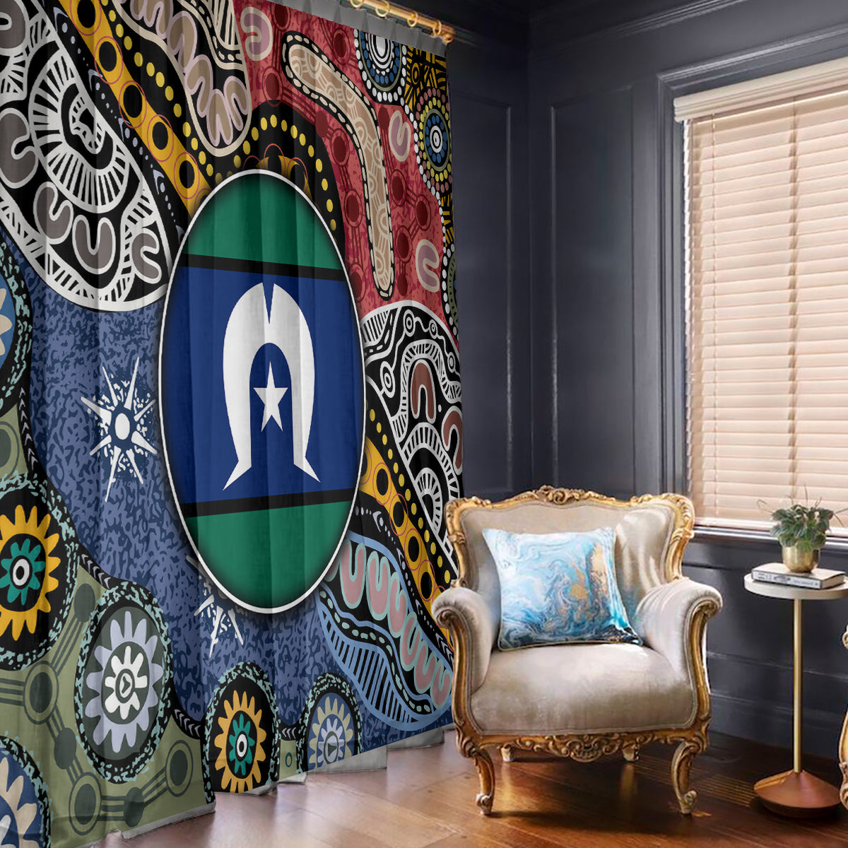 Aboriginal style window curtains in multicolor with circular blue-green emblem