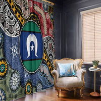 Aboriginal style window curtains in multicolor with circular blue-green emblem