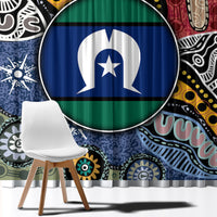 Multicolor Aboriginal curtain with close view of circular blue emblem and star