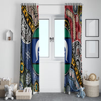Multicolor Aboriginal pattern curtains with circular emblem on both side panels