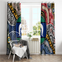 Multicolor Aboriginal curtain panels with circular blue emblem and layered geometric motifs