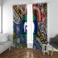 Aboriginal pattern window curtains in multicolor with circular blue emblem center