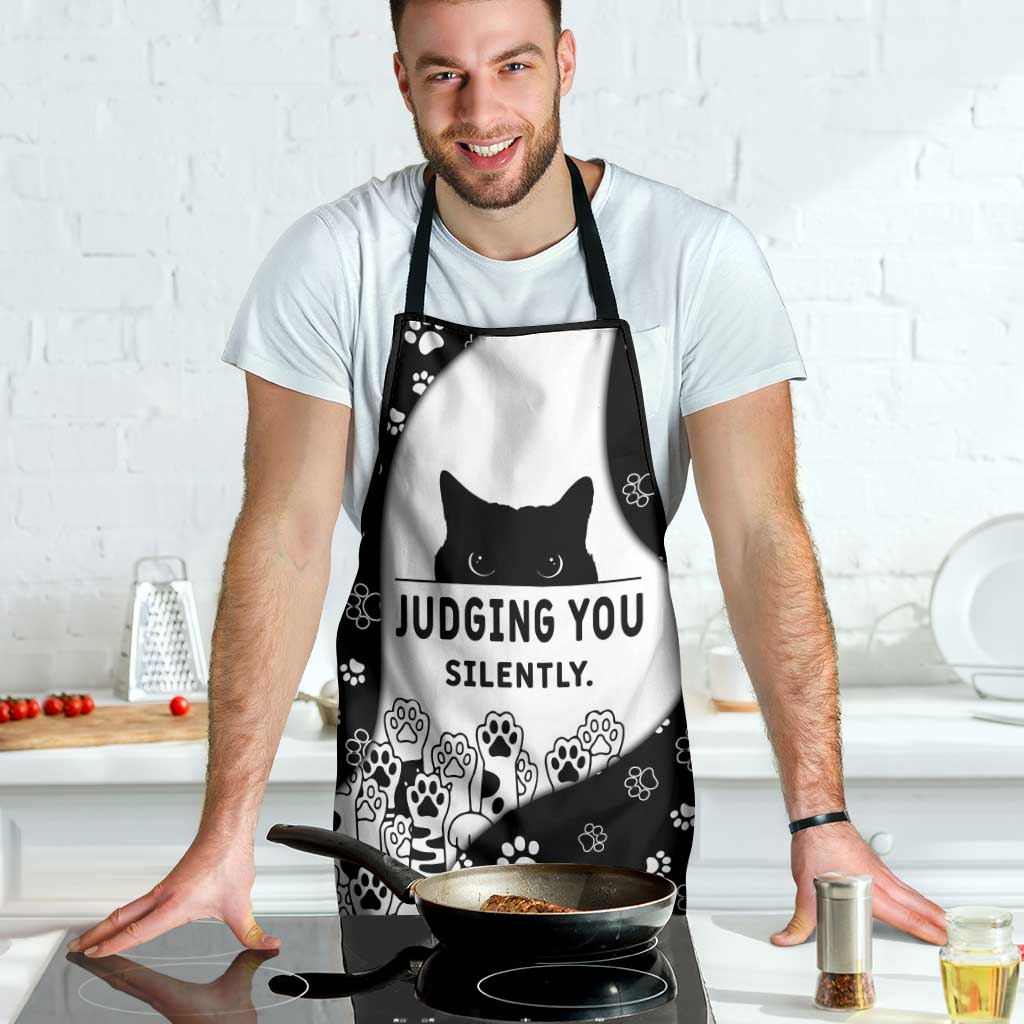 Judging You Silently Apron Black Cat Playful Monochrome Paw Print