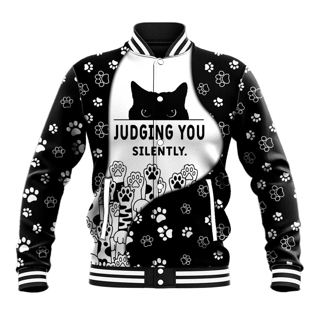 Judging You Silently Baseball Jacket Black Cat Playful Monochrome Paw Print
