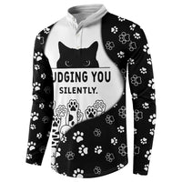 Judging You Silently Button Sweatshirt Black Cat Playful Monochrome Paw Print