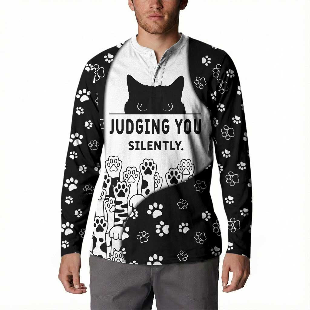 Judging You Silently Button Sweatshirt Black Cat Playful Monochrome Paw Print