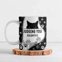 Judging You Silently Ceramic Mug Black Cat Playful Monochrome Paw Print