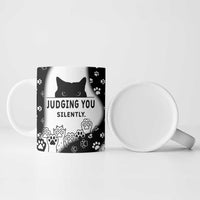 Judging You Silently Ceramic Mug Black Cat Playful Monochrome Paw Print