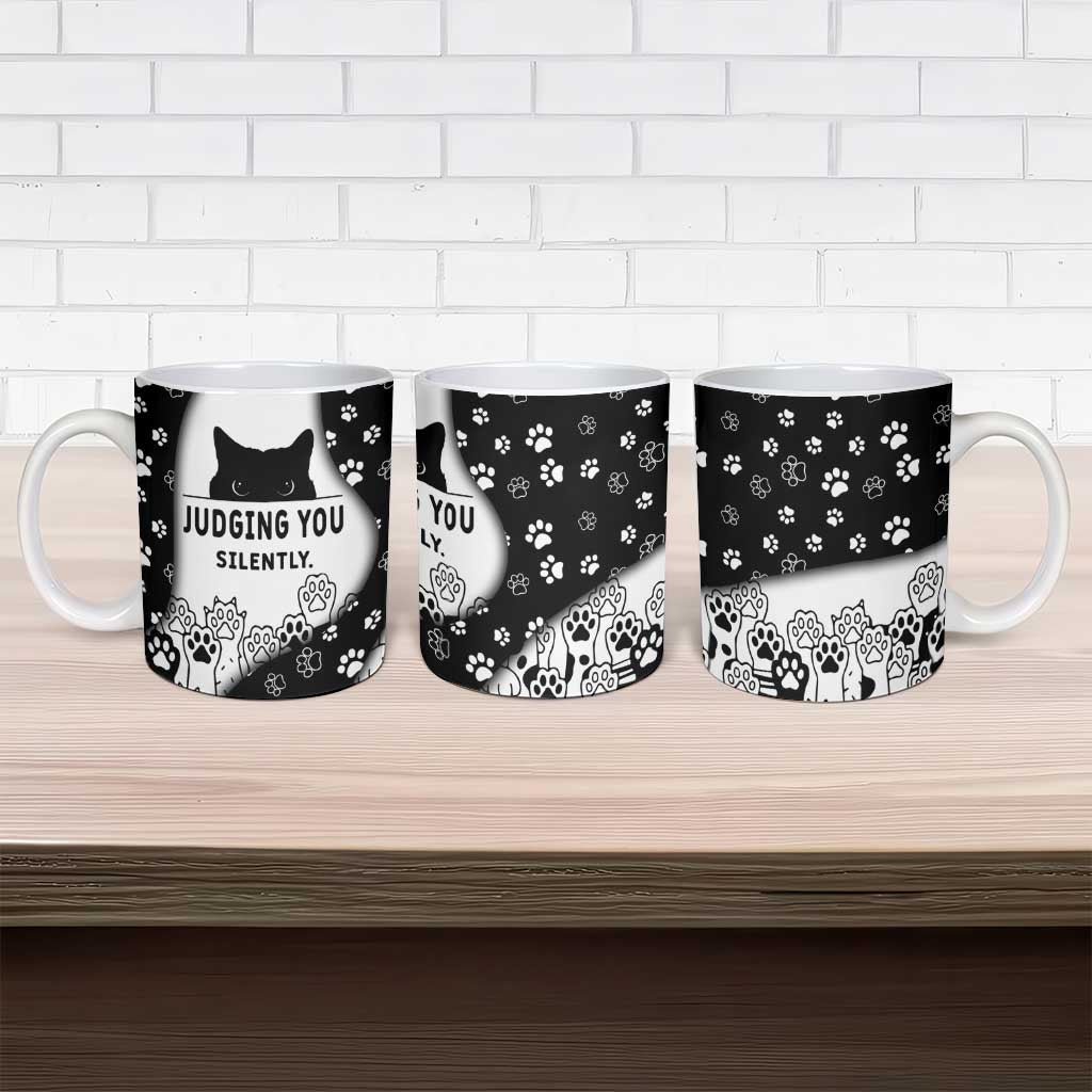 Judging You Silently Ceramic Mug Black Cat Playful Monochrome Paw Print