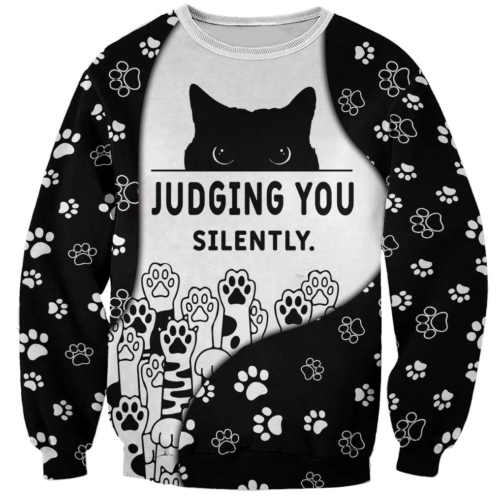 Judging You Silently Sweatshirt Black Cat Playful Monochrome Paw Print