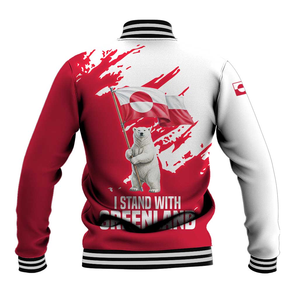 I Stand With Greenland Polar Bear Baseball Jacket with Splattered Flag Pattern