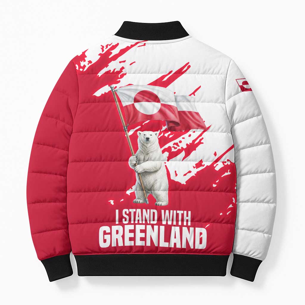 I Stand With Greenland Polar Bear Bomber Puffer Jacket with Splattered Flag Pattern