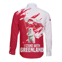 I Stand With Greenland Polar Bear Long Sleeve Button Shirt with Splattered Flag Pattern