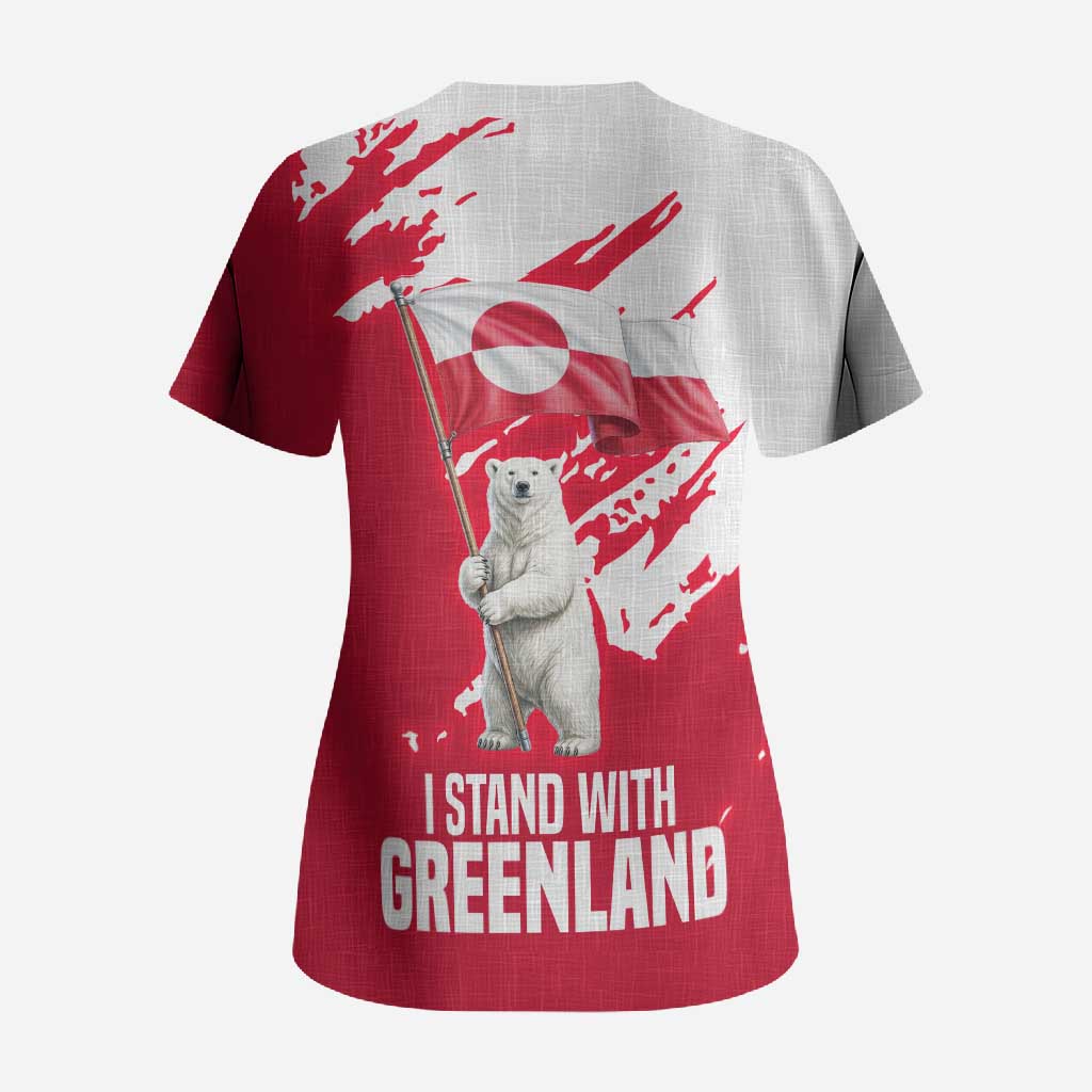 I Stand With Greenland Polar Bear Scrub Top with Splattered Flag Pattern