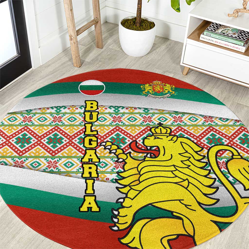 Bulgaria Lion Round Carpet Tricolor Flag, Folk Pattern and Proud Motto