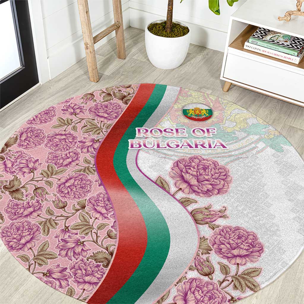 Rose of Bulgaria Round Carpet with National Flag Ribbon and Floral Damask Pattern