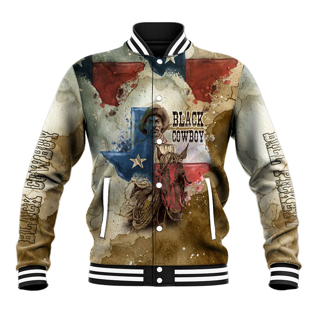 Bill Pickett Texas Flag Baseball Jacket Black Cowboy - Vintage Grunge Watercolor - Horseback Rider Heritage