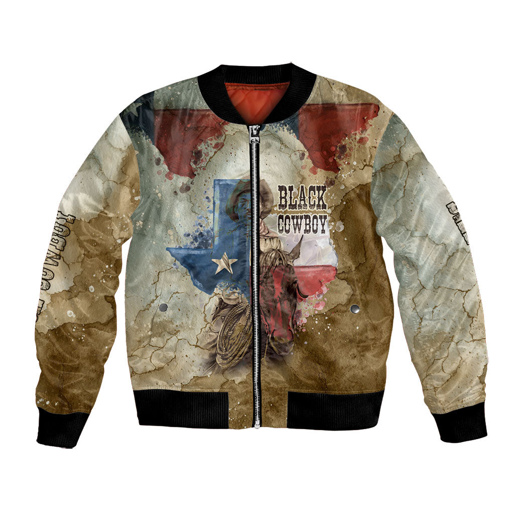 Bill Pickett Texas Flag Bomber Jacket Black Cowboy - Vintage Grunge Watercolor - Horseback Rider Heritage