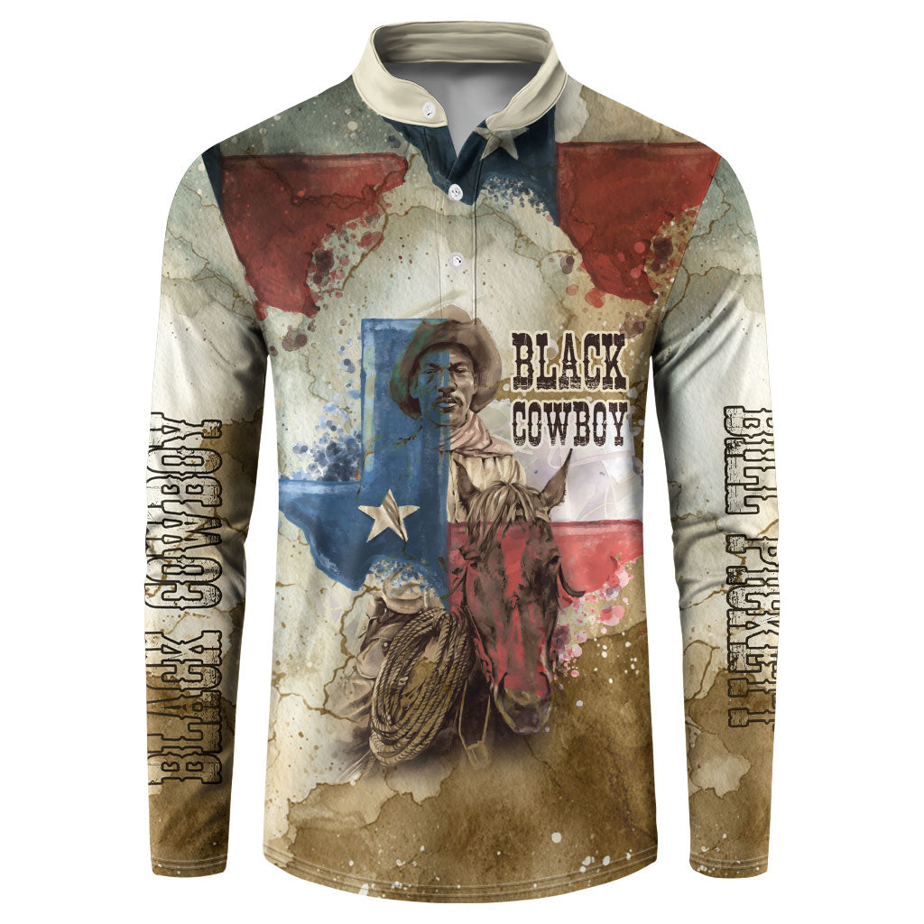Bill Pickett Texas Flag Button Sweatshirt Black Cowboy - Vintage Grunge Watercolor - Horseback Rider Heritage