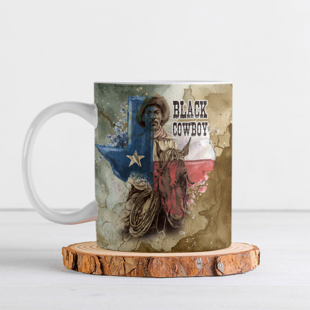 Bill Pickett Texas Flag Ceramic Mug Black Cowboy - Vintage Grunge Watercolor - Horseback Rider Heritage