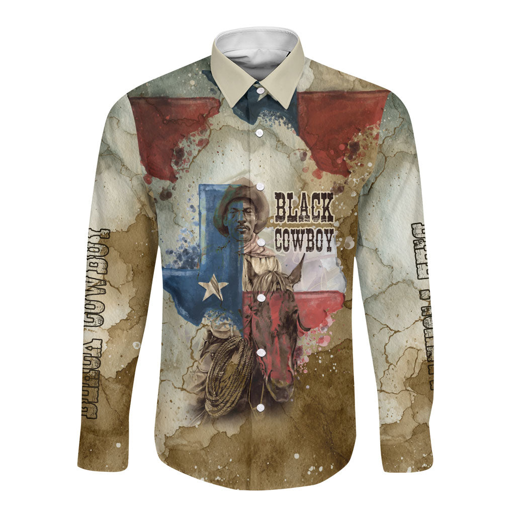 Bill Pickett Texas Flag Long Sleeve Button Shirt Black Cowboy - Vintage Grunge Watercolor - Horseback Rider Heritage