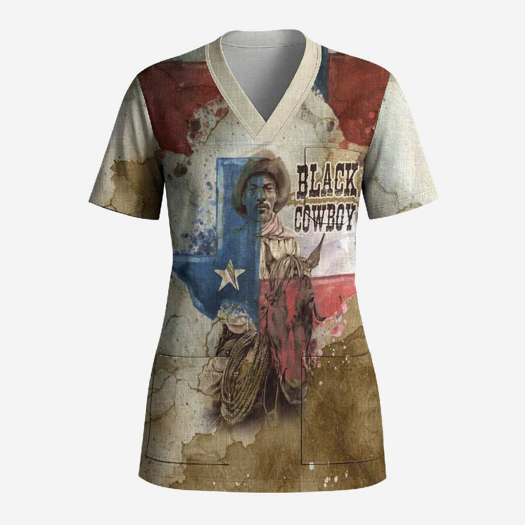Bill Pickett Texas Flag Scrub Top Black Cowboy - Vintage Grunge Watercolor - Horseback Rider Heritage