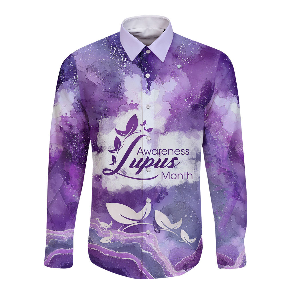 Lupus Awareness Month Long Sleeve Button Shirt Purple Ribbon Watercolor Galaxy Butterfly Floral Support Art