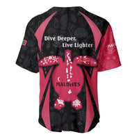Black and red baseball jersey back with 'Dive Deeper, Live Lighter' sea-life graphic