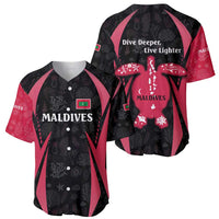 Black and red baseball jersey, front and back views with Maldives dive slogans