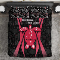 Black and red duvet cover set with turtle and coral reef graphic, Maldives text