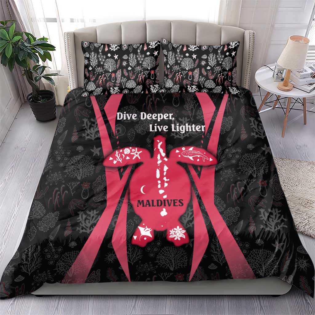 Black and red bedding set with coral reef turtle print and Dive Deeper Live Lighter slogan