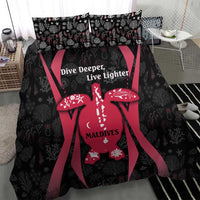 Black and red duvet cover with coral reef turtle artwork and Dive Deeper Live Lighter
