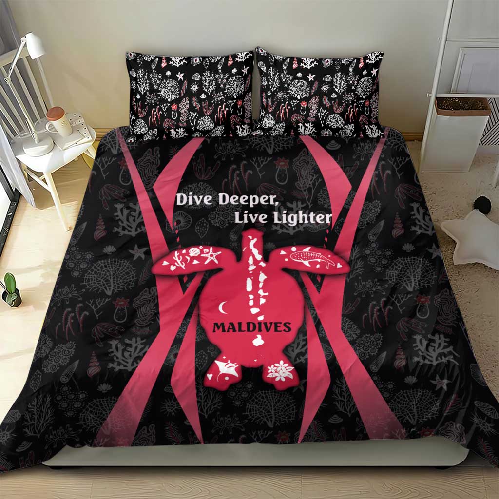 Black and red bedding set with coral reef turtle graphic and Maldives center logo