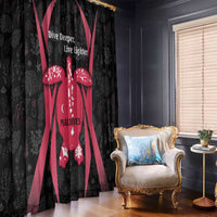 Black and red turtle window curtains with coral reef print and “Dive Deeper, Live Lighter”