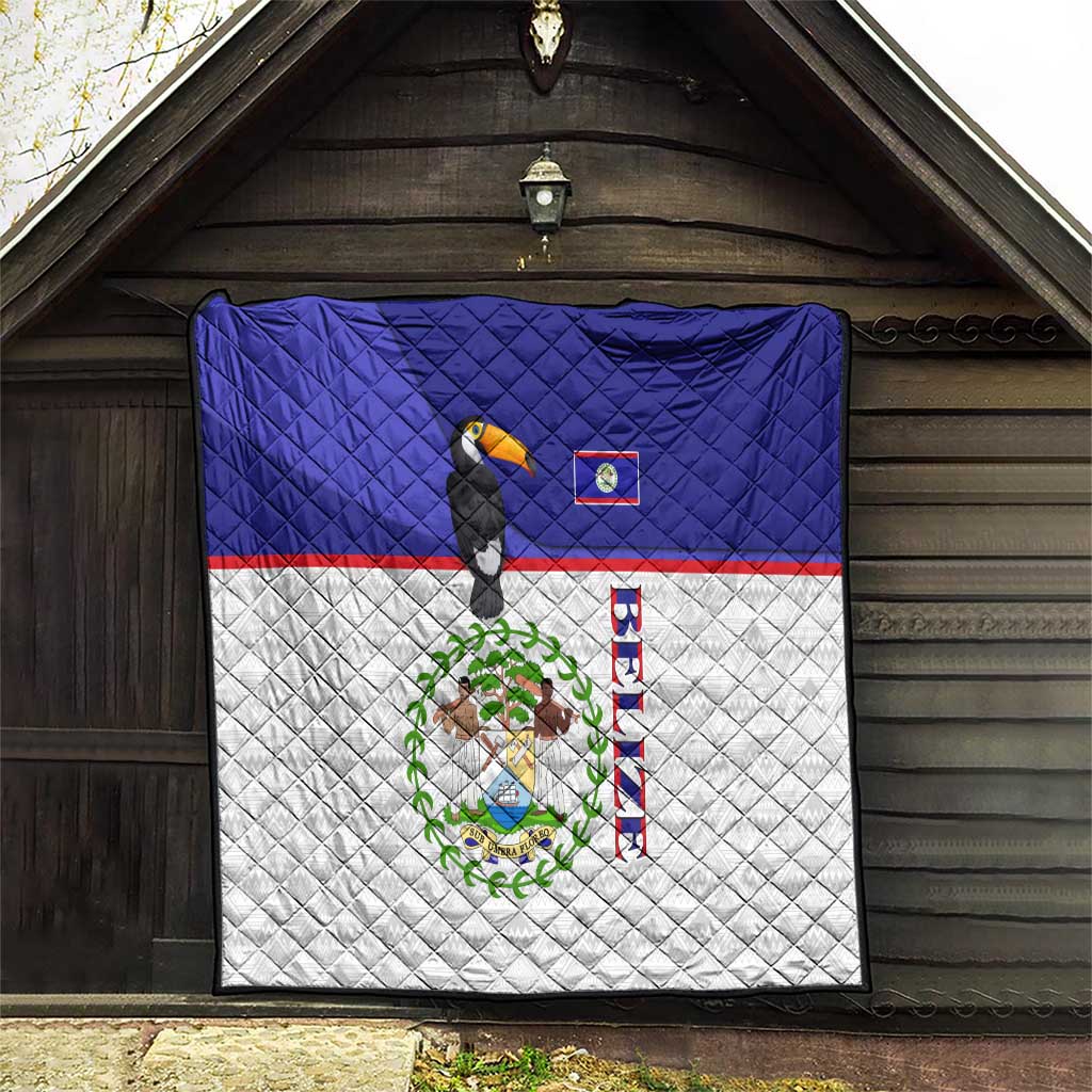 Blue and white outdoor display quilt with toucan print and Belize flag design details