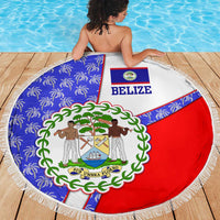 Belize Coat of Arms Beach Blanket with Palm Pattern and Split Red Blue Design