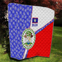 Belize Coat of Arms Quilt with Palm Pattern and Split Red Blue Design