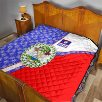 Belize Coat of Arms Quilt with Palm Pattern and Split Red Blue Design