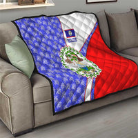 Belize Coat of Arms Quilt with Palm Pattern and Split Red Blue Design