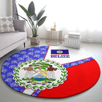 Belize Coat of Arms Round Carpet with Palm Pattern and Split Red Blue Design