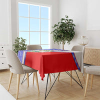 Belize Coat of Arms Tablecloth with Palm Pattern and Split Red Blue Design