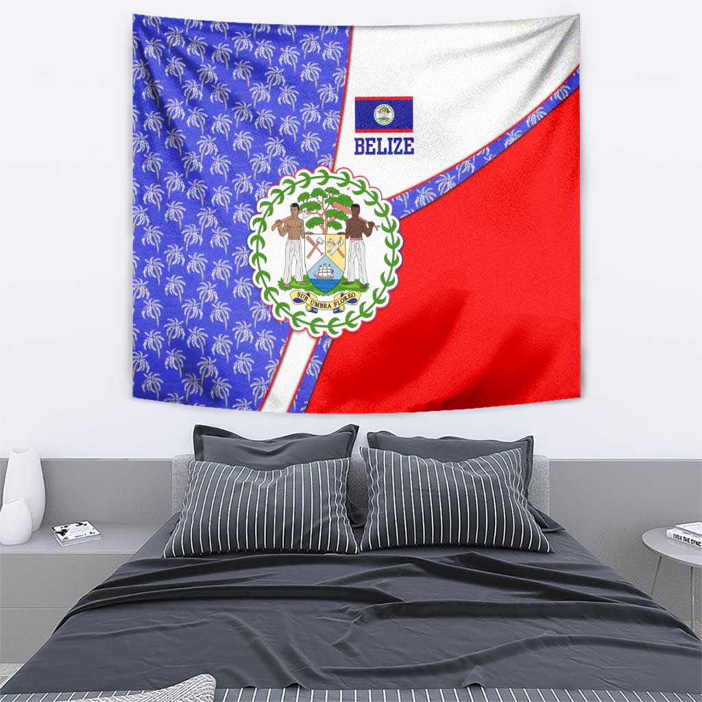Belize Coat of Arms Tapestry with Palm Pattern and Split Red Blue Design