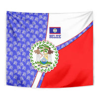 Belize Coat of Arms Tapestry with Palm Pattern and Split Red Blue Design