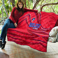 Belize Football Quilt with Red Abstract Soccer Pattern and Shield Emblem