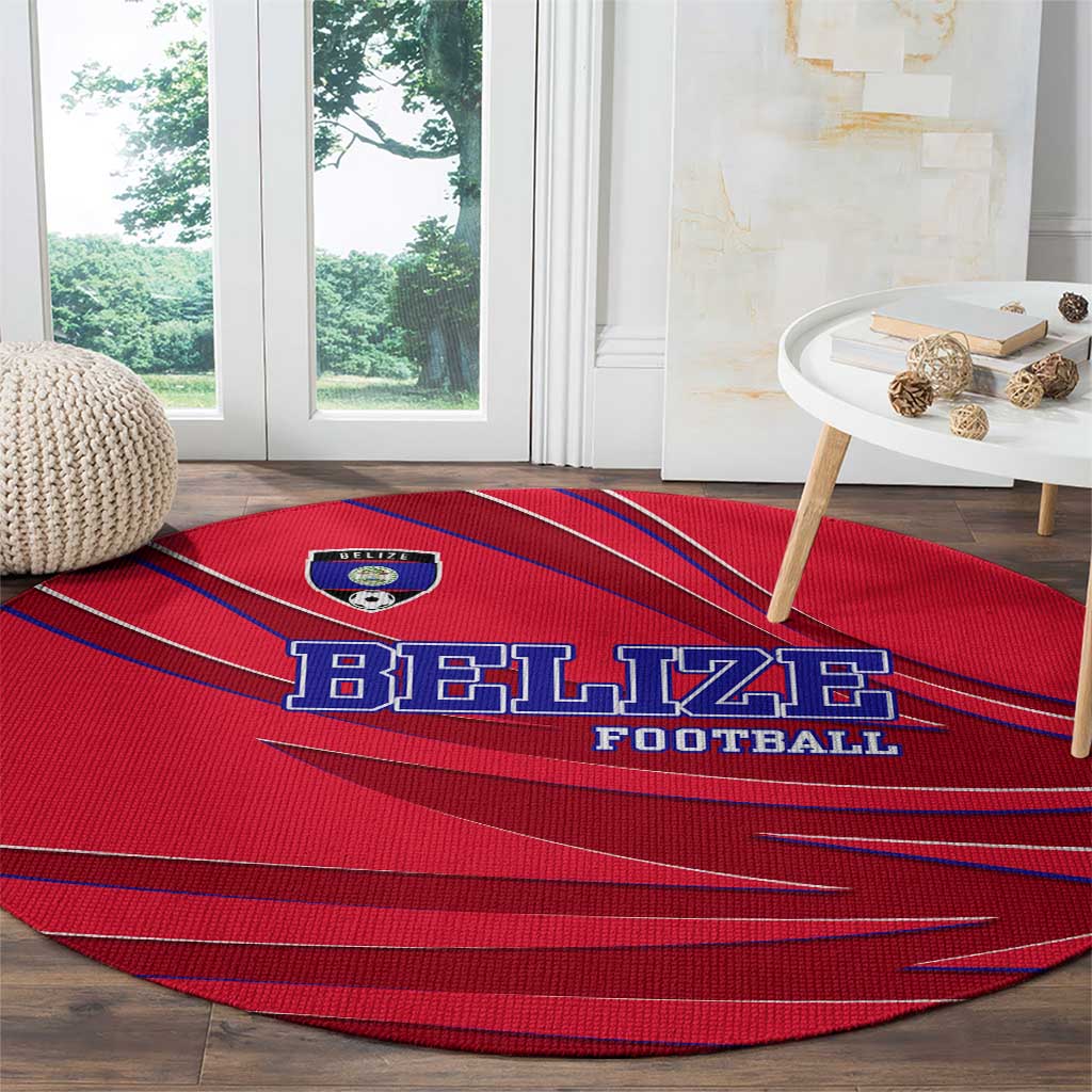 Belize Football Round Carpet with Red Abstract Soccer Pattern and Shield Emblem