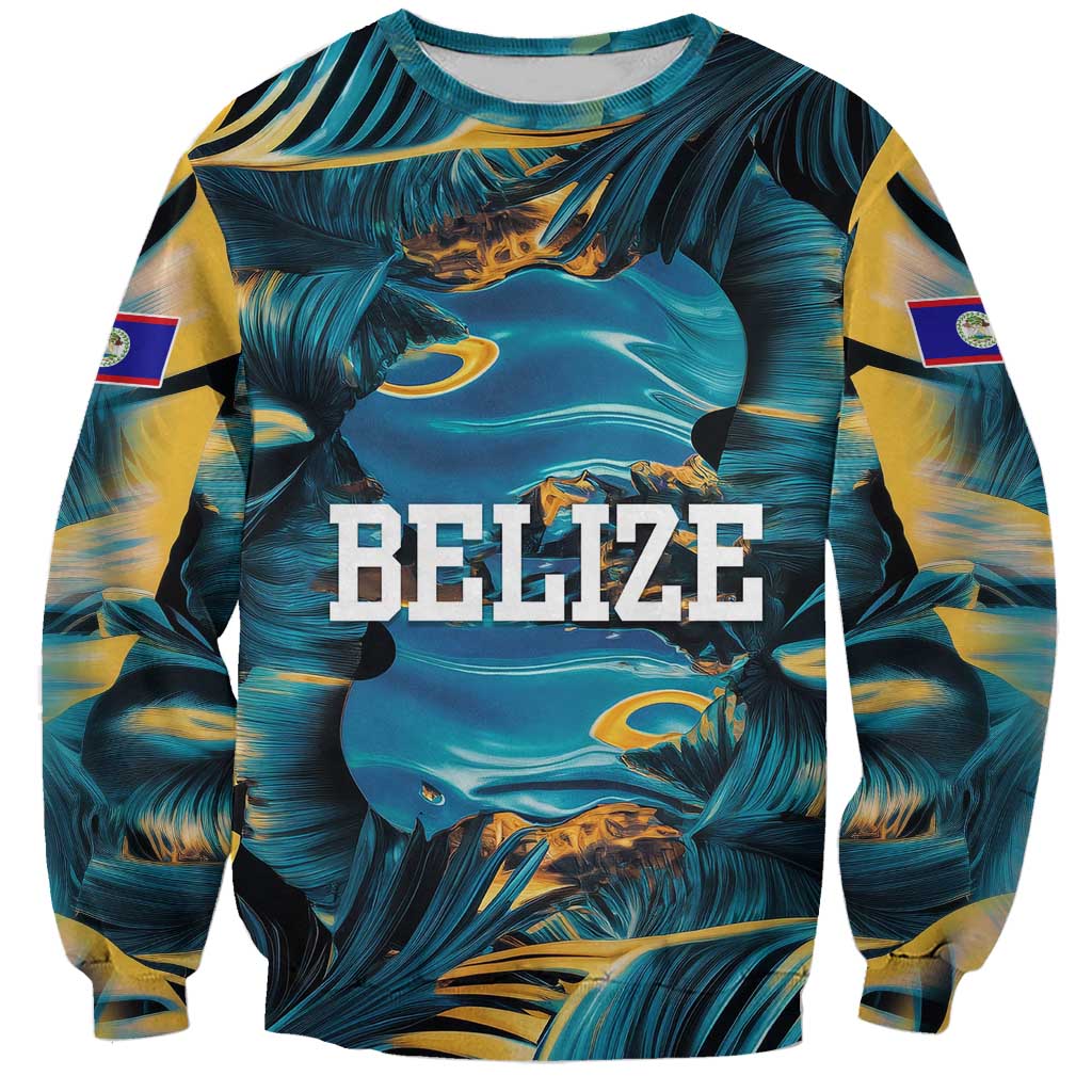 Unisex sweatshirt with tropical ocean print, BELIZE text, and flag sleeve details