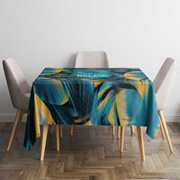 Ocean-blue tropical marine tablecloth on dining table with multicolor wave pattern