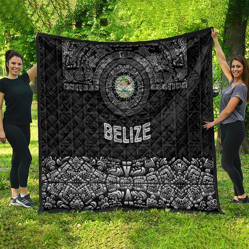 Belize Tribal Pattern Quilt with National Emblem and Mayan Pyramid Design